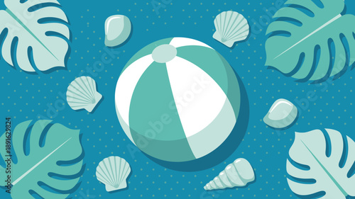 Summer beach ball seashells and tropical monstera leaves scattered on teal dotted pattern for holiday design