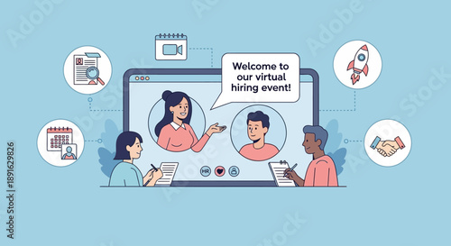 Virtual hiring event with diverse professionals participating in online video conference.