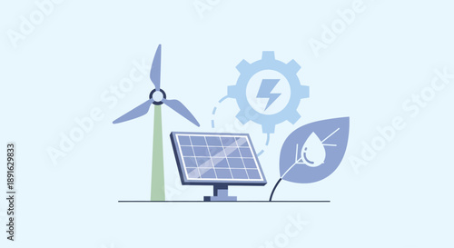 Illustration of renewable energy sources including wind turbine and solar panel with eco-friendly leaf symbol.