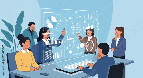 Business team collaborating in virtual reality meeting with data visualization.