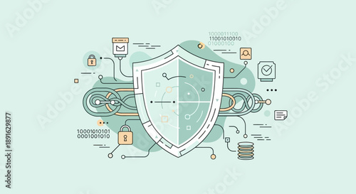 Conceptual illustration of cybersecurity and data protection with shield and connected digital icons.