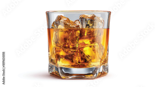 Classic whisky tumbler glass filled with golden whisky and ice cubes, front view, isolated on a clean white background 