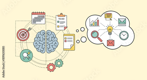 Conceptual illustration of creative thinking and idea generation process with brain and thought bubbles.