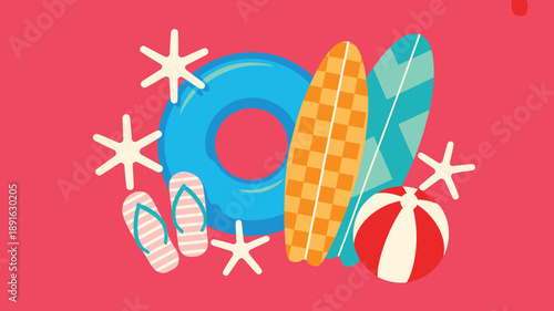 Summer beach holiday accessories flat lay with inflatable ring, patterned surfboards, flip flops, and beach ball