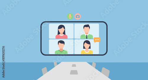 Virtual business meeting with four diverse colleagues on video conference screen.