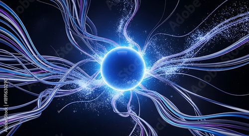 A glowing blue orb surrounded by swirling neon lines and sparks in a dark environment from a frontal viewpoint