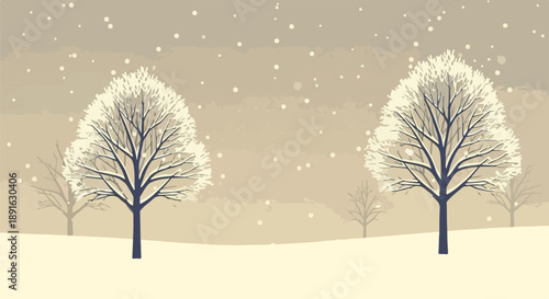 Idyllic Winter Scene Illustration with Two Snow-Covered Bare Trees, Gentle Falling Snow, and a Peaceful Muted Tonal Landscape