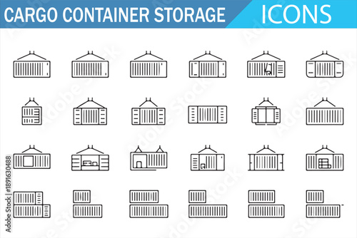 Outline cargo container storage icon set showing shipping containers, stacked units, open doors and crane lifting containers, minimal line style vector icons for logistics, freight, warehouse and tran