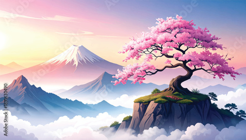 Iconic sakura cliff vector for japanese travel branding. Cherry blossom fuji style illustration for tourism media. Timeless spring mountain artwork ideal commercial design