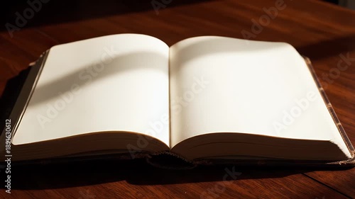 Open Blank Book on Wooden Table - A large, open book with blank pages sits on a polished wooden table.