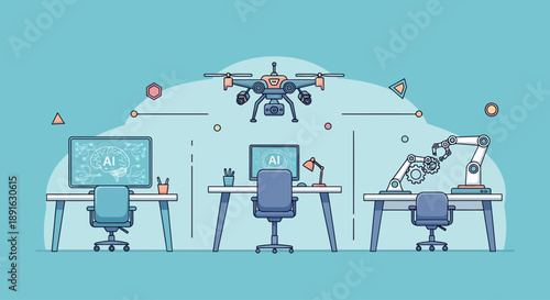 Modern technology workspace with drone and robotic arm automation.