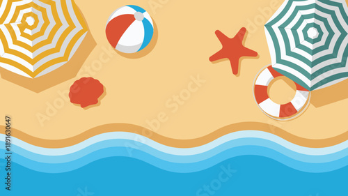 Summer beach overhead, holiday vacation sand, ocean waves water, striped umbrellas ball, starfish lifebuoy seashell