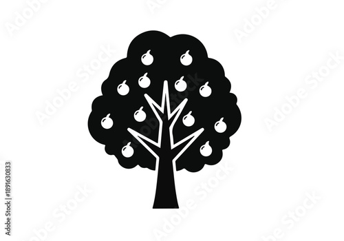 Minimalist black and white illustration of a fruit tree silhouette with apples. Ideal for nature-themed designs and minimalist art.