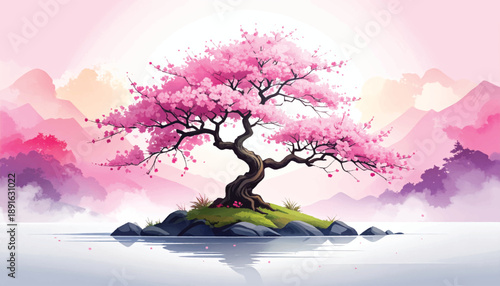 Floating sakura tree island in dreamy fantasy landscape. Surreal cherry blossom oasis above tranquil waters. Ethereal pink tree centerpiece in mystical nature scene