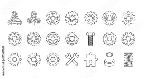 Set of detailed mechanical engineering parts and tools icons featuring gears, cogs, springs, wrench, bolt, and connectors in black line art style