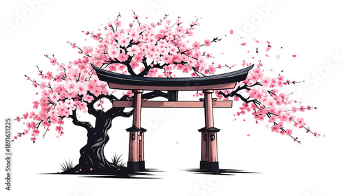 Clean minimal torii gate with delicate cherry blossoms. Modern flat japanese shrine icon with sakura. Simple oriental torii illustration accented by blooms