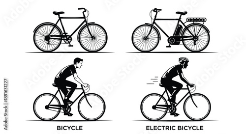Side-by-side comparison of classic and electric bicycles with riders in minimalist black and white illustrations
