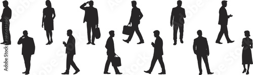 Silhouettes of businessmen and businesswomen in different poses and actions on white background Keywords: business, man, woman