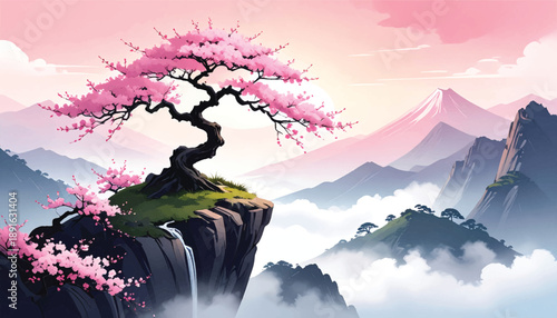 Cliff cherry blossom waterfall vector for travel branding. Sakura peak cascade illustration suited destination media. Dramatic spring landscape artwork ideal premium promotion