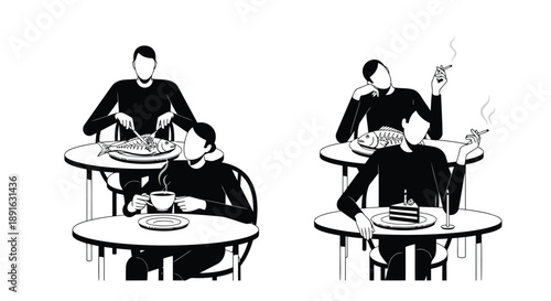 Minimalist illustration of dining habits showing spaghetti meal with coffee versus fish dish with cake and smoking