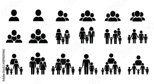 Diverse collection of human silhouettes depicting families, relationships, and social interactions in minimalist black figures