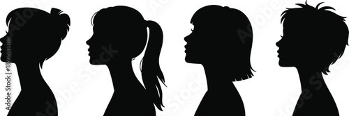 Silhouettes of children's heads in profile with various hairstyles on white background vector illustration