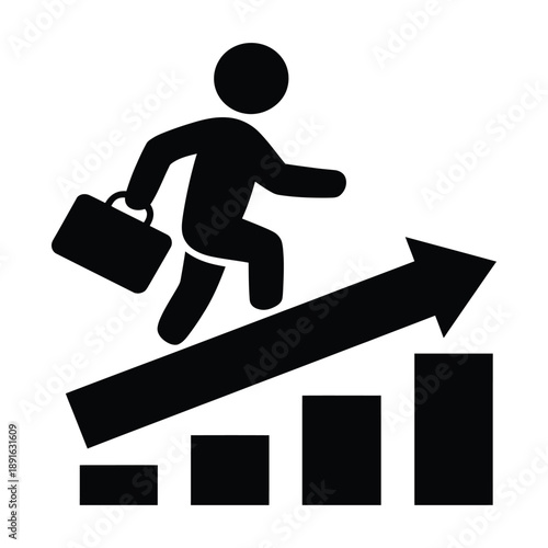 Businessman holding briefcase running up career growth arrow over bar chart representing professional success and development