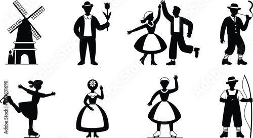 Black silhouette vector set featuring traditional Dutch people with windmills tulips ice skaters and folk dancers for Netherlands travel and European culture design