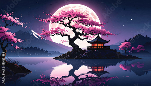 Sakura shrine moon scene vector for cultural branding. Japanese night blossom illustration suited tourism media. Mystic temple landscape artwork ideal spiritual promotion
