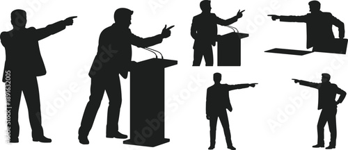 Black silhouette vector set featuring male speakers and politicians pointing and giving speeches from a podium for leadership government and public speaking design