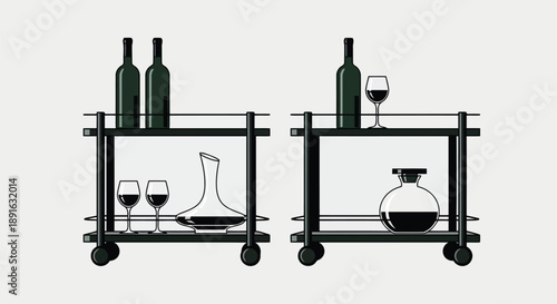 Elegant mobile wine storage rack with bottles, glasses, carafe, and decanter on sleek black shelving unit