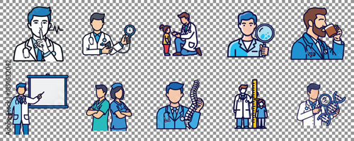 Diverse Healthcare Professionals and Medical Services Flat Line Icon Set. Doctors, Nurses, Veterinarians, and Researchers Illustrations for Health & Wellness.
