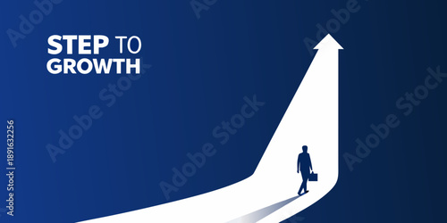 A person walking up a bright white arrow symbolizing growth and success