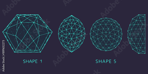 Four geometric shapes constructed from interconnected cyan lines on a dark background
