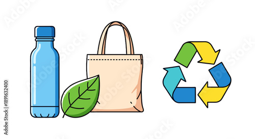 A colorful illustration of eco-friendly items on transparent background