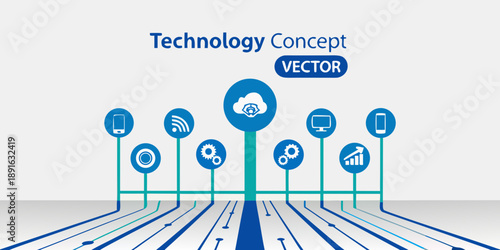 Abstract technology concept with interconnected icons and a digital road