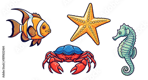 A colorful vector illustration of a fish, starfish, crab, and seahorse on transparent background