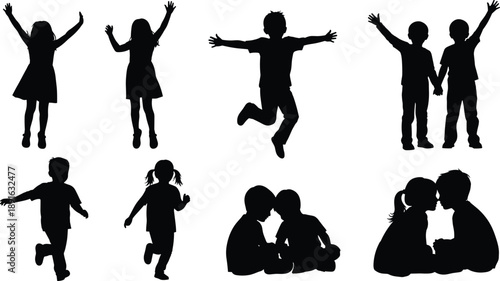 Happy children silhouettes set, kids playing, jumping, and sitting together, childhood joy collection, cad drawing flat vector illustration, isolated on white