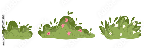 Green bush with flowers simple abstract flat cartoon vector illustration. Set of garden plants isolated on white background. Hand drawn element, foliage art for stickers, print, web