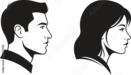 Black and white of man and woman side profiles silhouette man, woman, side profile, black and white, silhouette, faces, heads, people, human, male, female, hair, collars, simple, minimalistic, line, b