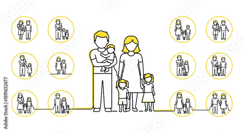 Diverse family groups and relationships illustrated in minimalist line art showing various generations and parenting dynamics