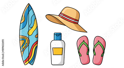 A colorful vector illustration of beach essentials on transparent background