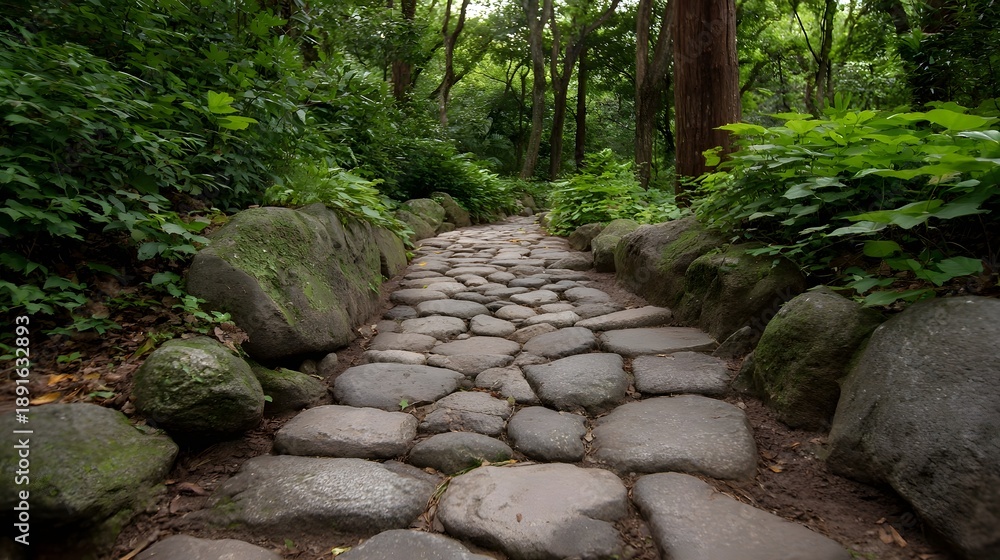 Fototapeta premium A serene stone pathway winds through a lush green forest inviting explo n and tranquility