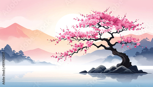 Sakura lakeside mountain vector for travel advertising. Spring cherry blossom scenery illustration for tourism media. Peaceful floral landscape artwork ideal destination branding