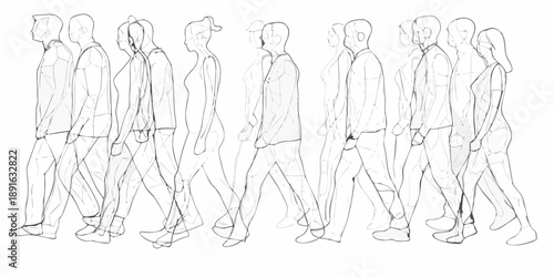 Line drawing of a group of people walking in a single file line