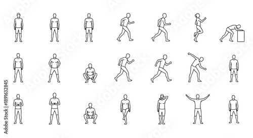 Collection of minimalist human silhouette illustrations showing diverse physical activities and body movements in black line art style