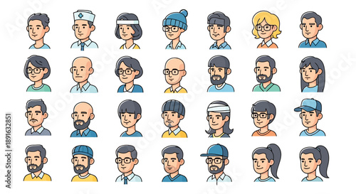 Diverse group of flat design style professional and casual character avatars with varied facial features and work attire