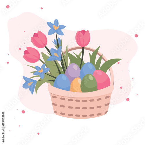 Flat pastel vector illustration of Easter basket with colorful eggs and spring flowers, perfect for holiday greeting cards, seasonal branding, social media, packaging, posters and festive decorations 