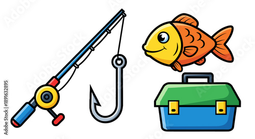 A colorful illustration of a fishing rod, hook, tackle box, and fish on transparent background