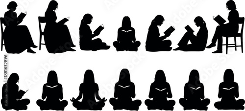 Collection of female silhouettes reading books sitting on chairs and floor in lotus position for education library and study concepts.